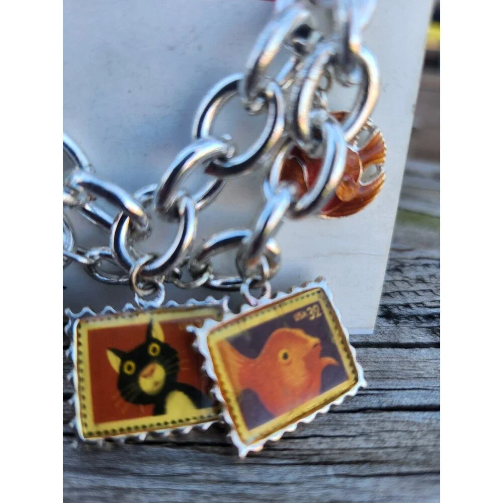 USPS 1998 Animal Stamps Charm Bracelet Dog Bassett Hound Cat Goldfish 7.5” NOS